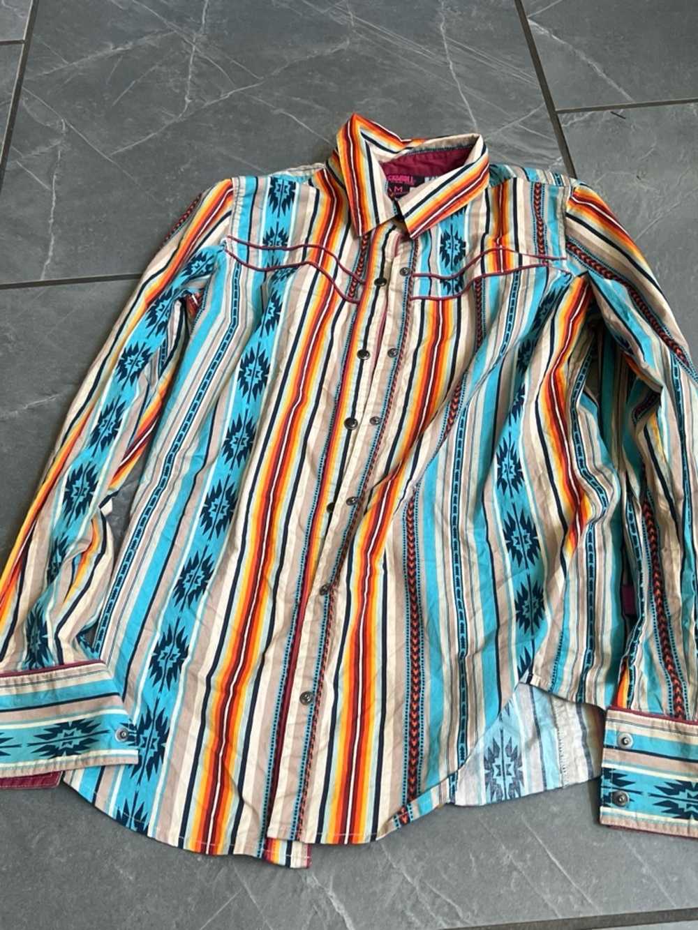 Western-Style Striped Button-Down Shirt in Turquoise & Multi